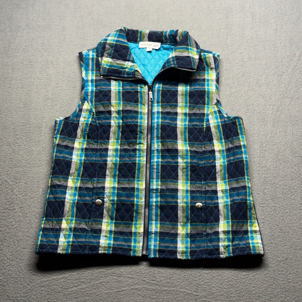 Southern Lady Quilted Vest Small Blue Green Plaid Full Zip Pockets Lightweight